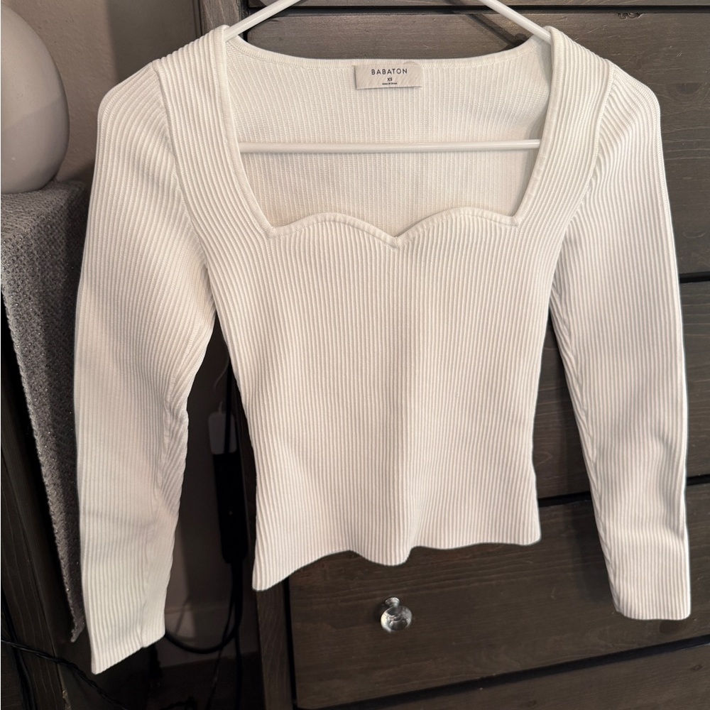 Babaton Cream Ribbed Sweetheart-Neck Long Sleeve Top
